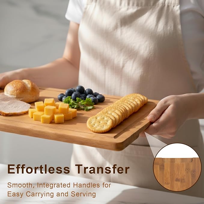 Tafopue Cutting Board Set with Holder, Space Saving Kitchen Bamboo Chopping Boards, Build in Juice Groove and Grip Handle, Durable Wooden Serving Board for Meal Prep & Charcuterie, Gift Idea