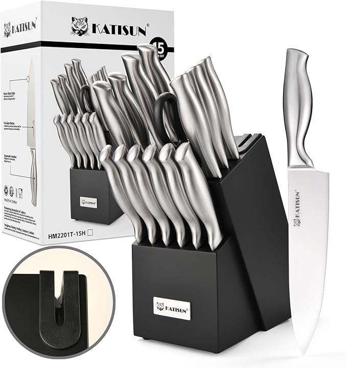 Knife Set, 15-Piece Kitchen Knife Block Sets with Built-in Sharpener, German Stainless Steel Knife Block Set, Dishwasher Safe