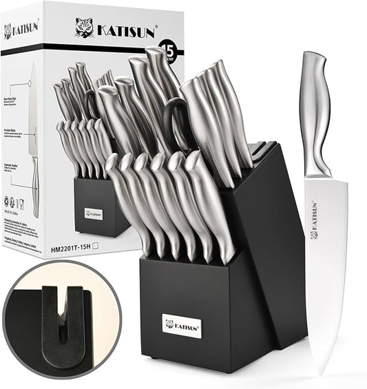 Knife Set, 15-Piece Kitchen Knife Block Sets with Built-in Sharpener, German Stainless Steel Knife Block Set, Dishwasher Safe