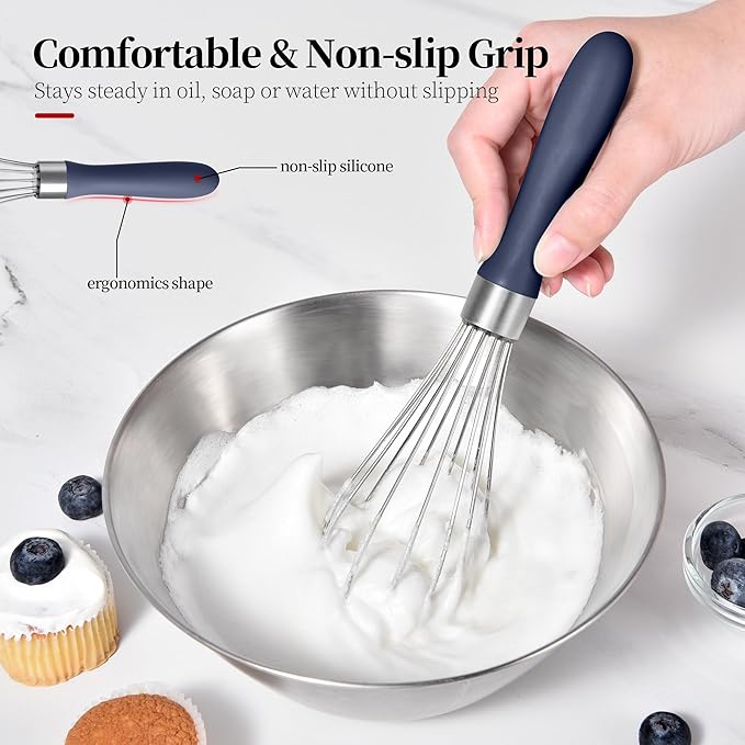 9.06 in Kitchen Wire Whisk, 18/10 Stainless Steel Metal Balloon Wisk Heavy Duty Egg Beater whisker Hand Mixer for Cooking, Baking, Mixing, Stirring, Sauce, Flour（Small, Midnight Blue）