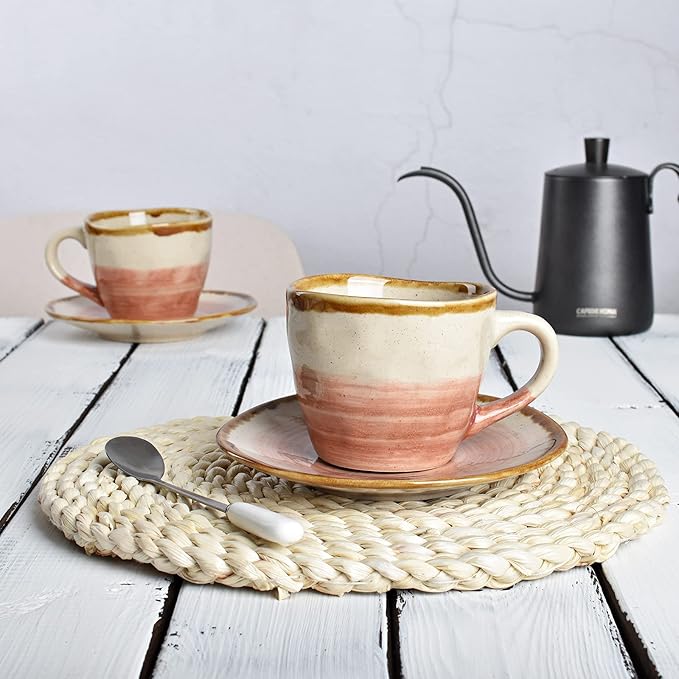Bosmarlin Stoneware Coffee Cup Mug with Saucer Set of 2 for Latte, Cappuccino, Tea, Oz, Dishwasher and Microwave Safe (Salmon Pink, 2)
