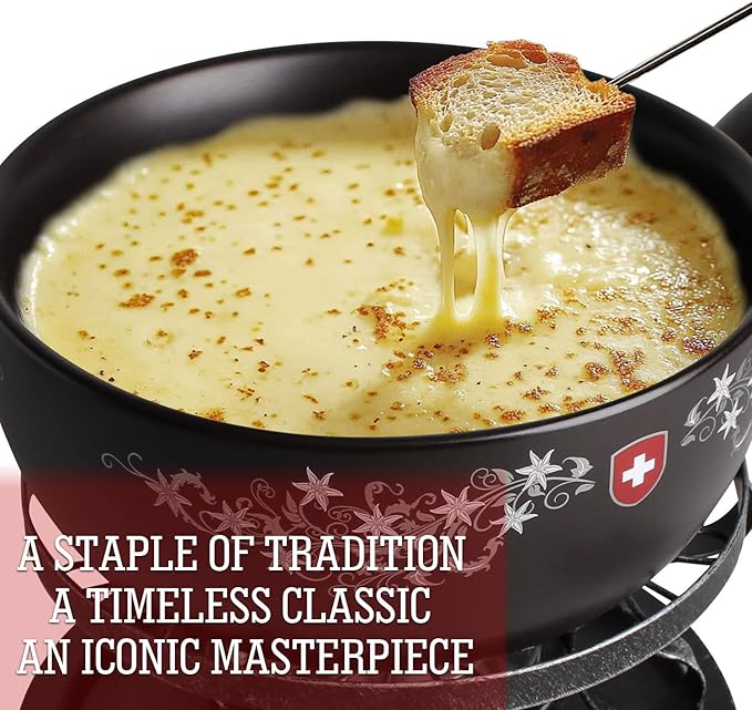 Artestia 2.11-Quart Swiss Design Ceramic Fondue Pot Set for Cheese, Chocolate Melting Pot with 6 Fondue Forks and Swiss Vintage Pattern, Perfect for 6 People, 10 Piece (AR-83008)