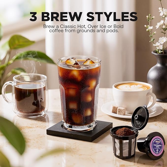 Tastyle Single Serve Coffee Maker Hot and Iced with Bold Brew, Small Coffee Machine for K Cup and Ground, Fits 7.3'' Travel Mug, Brews up to 16 Oz, 5 Cup Sizes, Compact for Office, RV& Hotel, Black