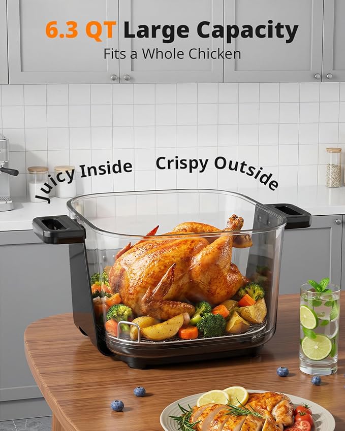 AIRMSEN 6.3 QT Glass Air Fryer Non-Toxic, 4 Presets & Manual Control, 105–400℉ Precise Heat, 95% Less Oil, Auto-Pause & Resume, Microwave & Dishwasher Safe Glass Container for Family Meals