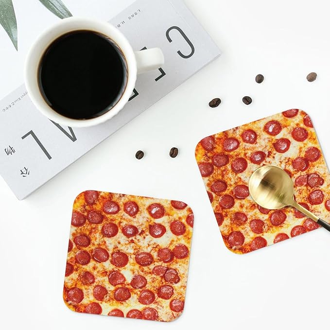 Marble Coasters Square Leather Drinks Coaster Set with Holder for Coffee Table Bar Home Decor 4 Inches Set of 6 (Pizza, One Size)
