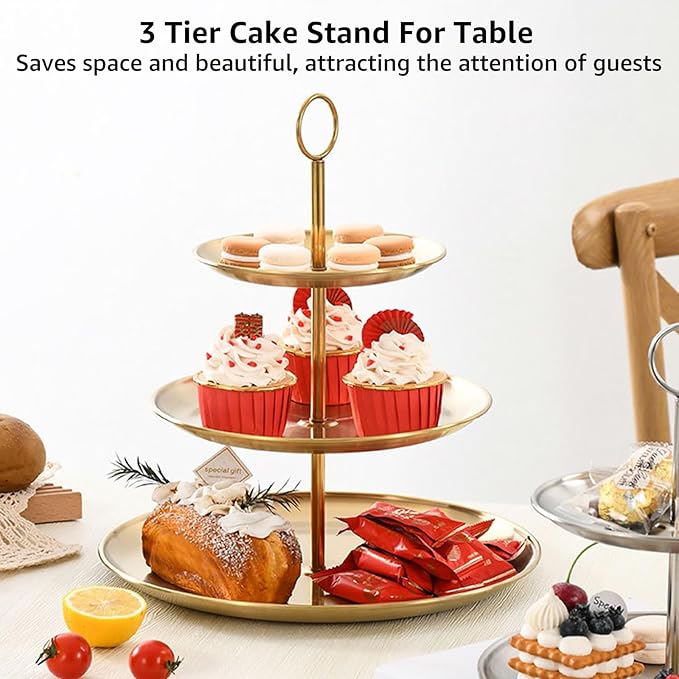 3 Tiered Gold Cupcake Stand 2 Pack Stainless Steel Gold Tiered Dessert Stand Cupcake Display Tower 3 Tier Serving Tray Cake Stand for Baby Shower Birthday Party Wedding