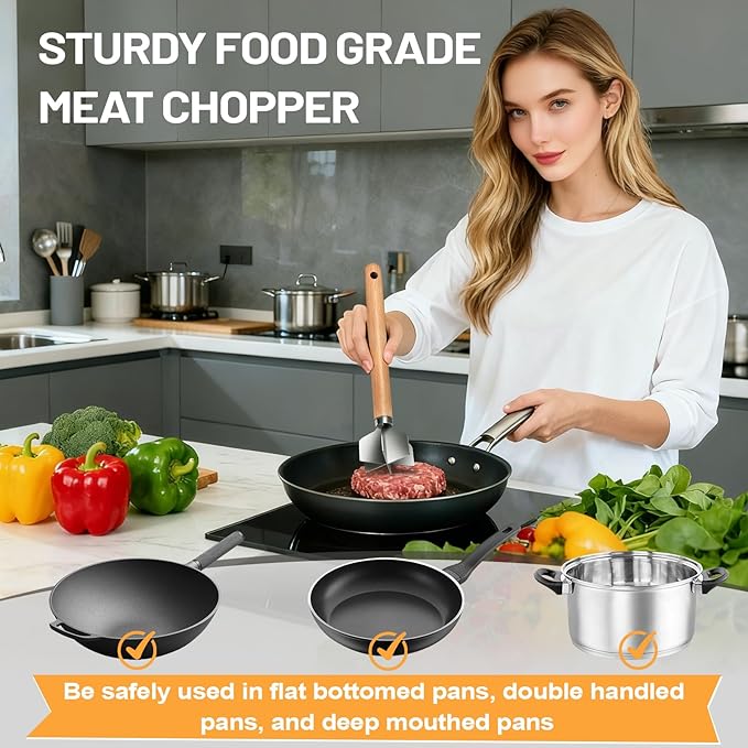 11 inch Stainless Steel Meat masher with 6 Blades, Metal Potato Masher, Ground Beef chopper tool, Suitable For Making Ground meat, Mashed potatoes, Jam and more（one pack)