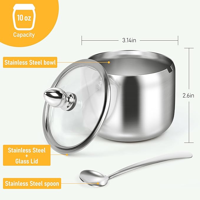 Sugar Container with Glass Lid and Spoon - 10oz Stainless Steel Sugar Bowl for Coffee Bar Station Accessories Kitchen Storage for Salt, Candy, Coffee Bean (Silver)