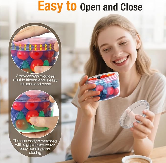 Reusable Freezer Storage Containers [UNIQUE INNOVATIVE DESIGN] 12 Pack-17 Oz Arrow Indicates Easy Opening and Closing of Lid Microwave and Dishwasher Safe,Soup Containers for Oats/Salad