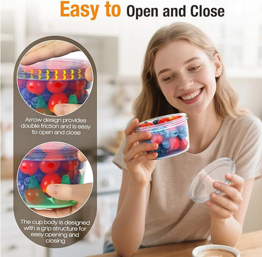 Reusable Freezer Storage Containers [UNIQUE INNOVATIVE DESIGN] 12 Pack-17 Oz Arrow Indicates Easy Opening and Closing of Lid Microwave and Dishwasher Safe,Soup Containers for Oats/Salad