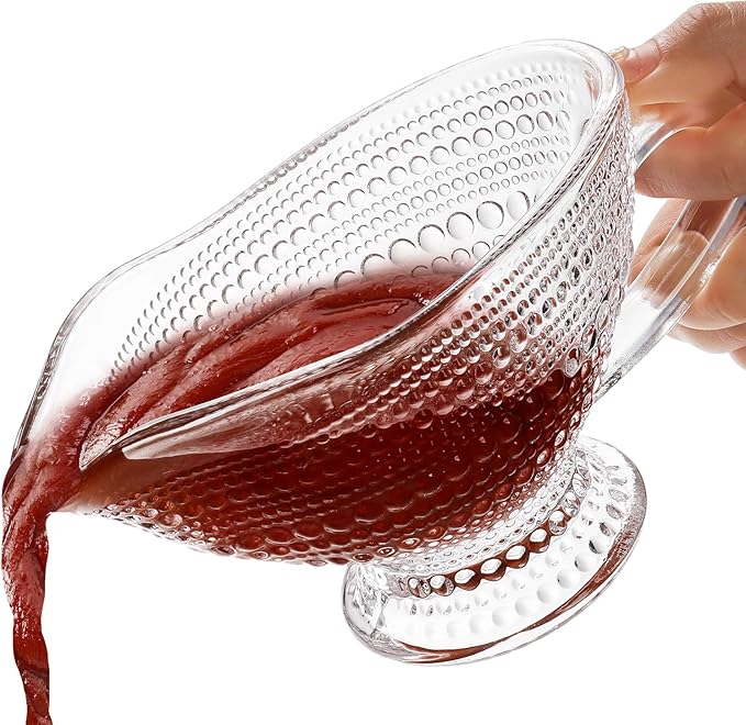 ZOOFOX 2 Pack 12 oz Glass Gravy Boat, Crystal Gravy Bowl with Easy-Pour Spout and Handle, Vintage Embossed Serving Dish for Sauces, Dressings, Creamer, Thanksgiving, Christmas or Holiday Dinner