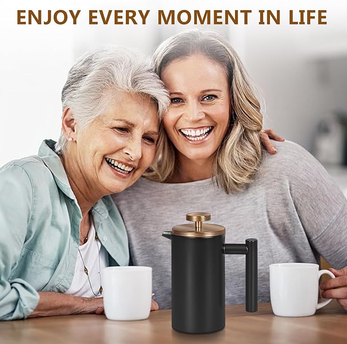 WORBIC Black Stainless Steel French Press Coffee Maker, Double Wall Insulated French Press,for Coffee&Tea,with 3 Extra Screens and a Coffee Spoon,34oz/1000ml,Gold