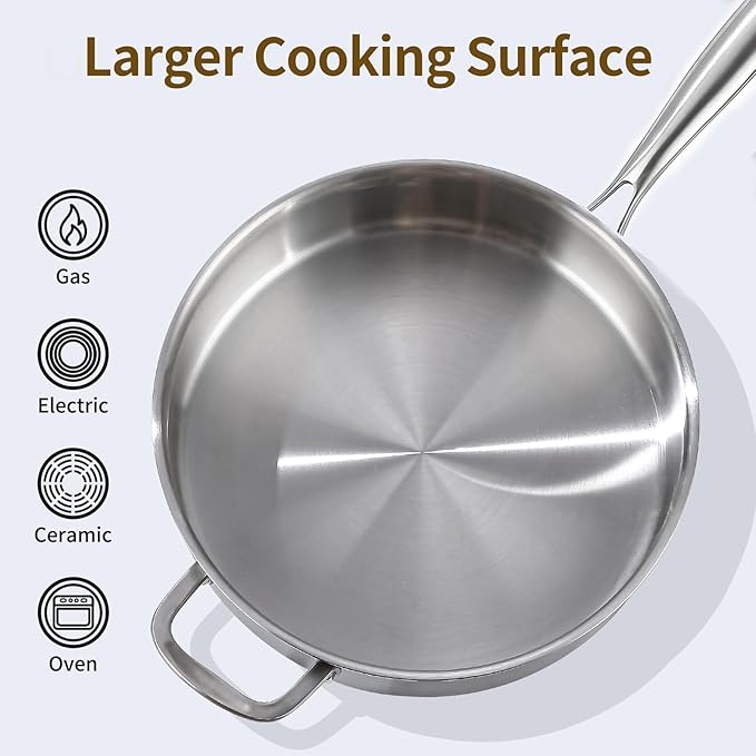DELARLO 6QT Saute Pan Tri-Ply Stainless Steel Pan, 12Inch Deep Frying Pan with Steel cover, Kitchen Large Skillet,Heavy Duty Style Compatible With All Cooktops Up to 650℉