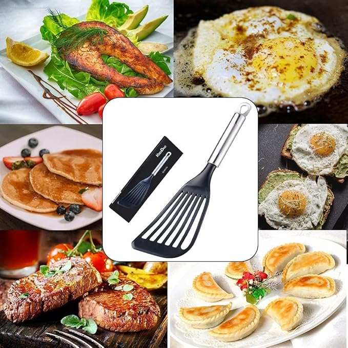 KSENDALO Fish Spatula for Nonstick Pans 2-Pack - Thin Turner for Eggs & Fish | LFGB Nylon, 10,000+ Reviews | Dishwasher Safe