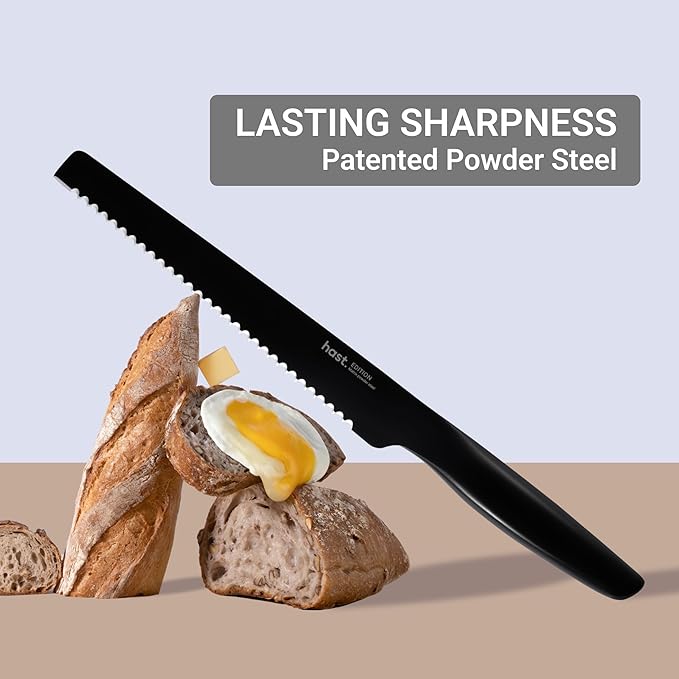 HAST Edition 8-Inch Serrated Bread Knife, Ultra-Sharp Professional Bread Slicing Knife, Advanced Powder Steel, Lightweight, Comfortable Ergonomic & Award-Winning Design (Matte Silver)