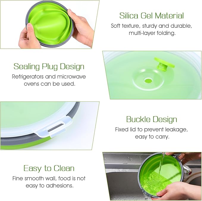4 Pieces Collapsible Bowls for Camping, Foldable Silicone Collapsible Bowls with Lids, BPA-Free Microwave/Freezer/Dishwasher Safe Bowl, Green (12oz/16.9oz/27oz/40oz)