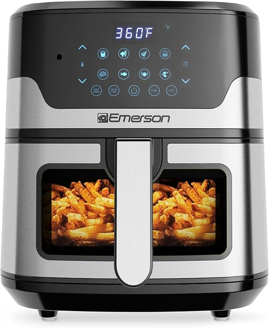 Emerson SmartVoice 5.3QT 6-in-1 Air Fryer, 1000+ Voice Control Commands, 100+ Recognized Food, No APP, No WIFI, No Setup, Nonstick Basket, Air Fry, Bake, Reheat, Dehydrate, 1500W