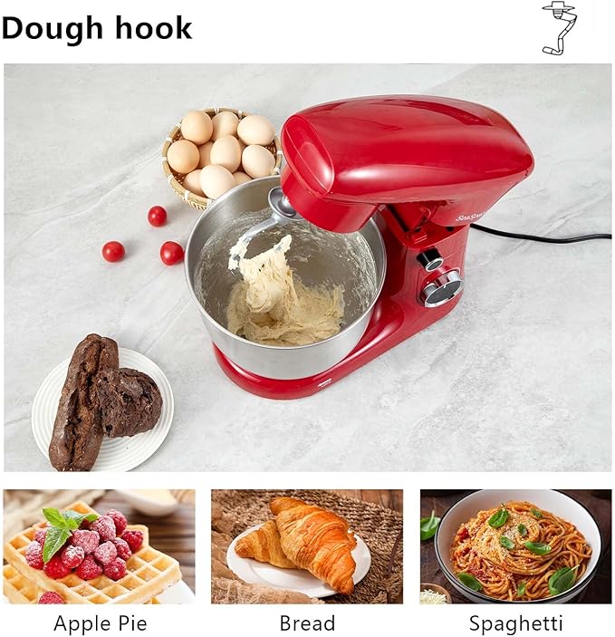 SeaSpark Stand Mixer, 3 in 1 Stand Mixer, 5.5Qt Electric Mixer, Mixer with Stainless Dough Hook, Wire Whip & Beater, Food Mixer for Baking, Cake and Most Home Cooks, Red