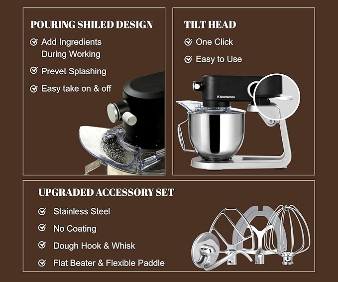 Kraftsman Stand Mixer All Metal - Heavy Duty Kitchen Standing Mixer 5.3 Quart with 4 Stainless Steel Attachments, DC Motor & Multifunctional Power Hub, 8-Speed & Timer, Lower Noise (Black)