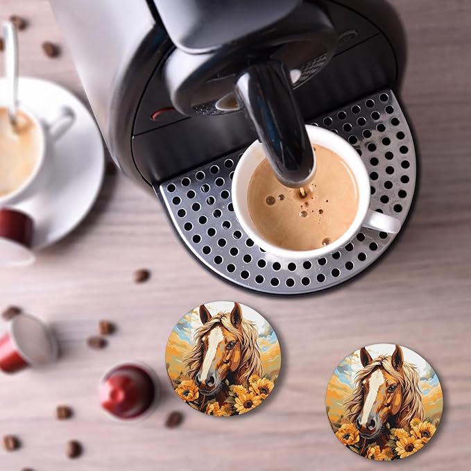 Round Coasters Set of 2, Horse Sunflowers Sunny Sky Absorbent Ceramic Coaster with Cork Base, Bar Coasters for Drinks Coffee Mugs Tea Cups Wine Glasses Home Decor Gifts (4 inches)