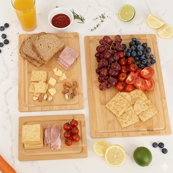 Tafopue Bamboo Cutting Board Set of 3 with Stand, Wooden Chopping Boards for Kitchen, Reversible Butcher Block with Juice Groove & Handle, Charcuterie Boards for Meat, Vegetables, Fruit, Cheese