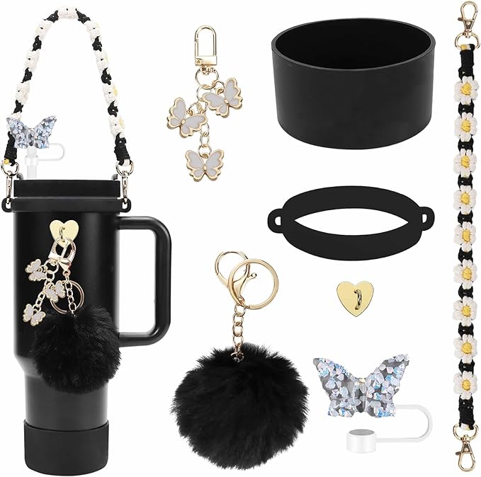 Accessories Set Including Water Bottle Handle Strap, Silicone Boot, Resin Butterfly Straw Cover, Straw Topper, Lip Balm Sleeve, Butterfly & Hairball Charms for Stanley Cup Tumbler