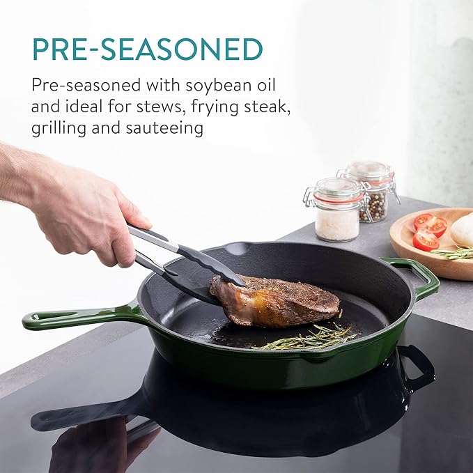 Navaris Enameled Cast Iron Skillet - 12"(30cm) Pre-Seasoned Frying Pan with Helper Handle, Pour Spouts, for Oven, Stovetop, Grill & Campfire, Non-Toxic, Even-Heating, Green