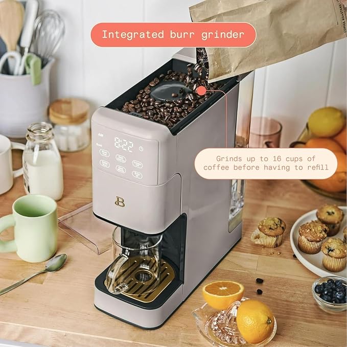 Beautiful Perfect Grind Programmable Single Serve Coffee Maker, Burr Grinder, 64 oz Reservoir, 6 Brew Sizes by Drew Barrymore (Porcini Taupe)