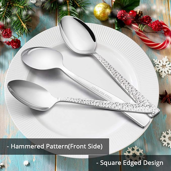 E-far Hammered Dinner Spoons Set of 12, 7.9 Inch Stainless Steel Soup Spoons Tablespoons for Home, Kitchen or Restaurant, Non-toxic & Mirror Polished, Squared Edge & Dishwasher Safe