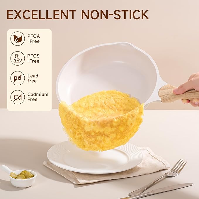 JEETEE 9.5 Inch Nonstick Frying Pan, Stone Coating Cookware, Nonstick Omelette Pan with Heat-Resistant Handle, Compatible with All Stoves (Beige)