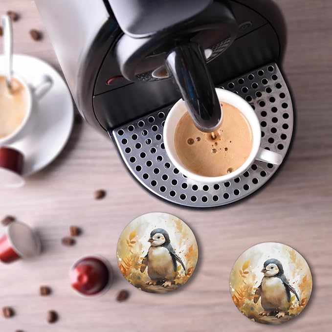 Round Coasters Set of 2, Watercolor Penguin Autumn Leaves Absorbent Ceramic Coaster with Cork Base, Bar Coasters for Drinks Coffee Mugs Tea Cups Wine Glasses Home Decor Gifts (4 inches)
