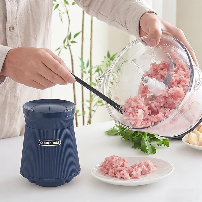 COOKZHOM 500W Food Processor, Blue Meat Grinder with Glass Bowl 8 Cup, Electric Food Chopper with 2 Sharp Blade Sets for Meat, Fruits, Vegetables, Baby Food, Nuts, 2 Speed