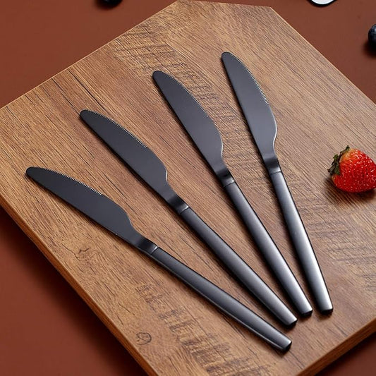 Berglander Black Dinner Knives Set Of 4, Titanium Shiny Black Plating Stainless Steel Dinner Knife, Butter Knife Table Knives Dishwasher Safe