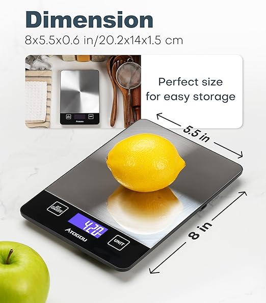 Atogou Food Scale, 33lb/15kg Rechargeable Kitchen Scale with Full-View Backlit LCD Display, Waterproof Stainless Steel Surface, Type-C Charging, Grams and Ounces for Baking, Cooking, Food Grey