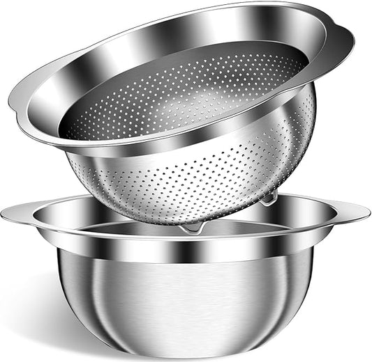 Colanders and Strainers, Stainless Steel Colander Set, Pasta Strainer & Vegetable Washer, Kitchen Strainer with Matching Bowl for Draining, Soaking and Food Prep, Dishwasher Safe, Silver-4QT