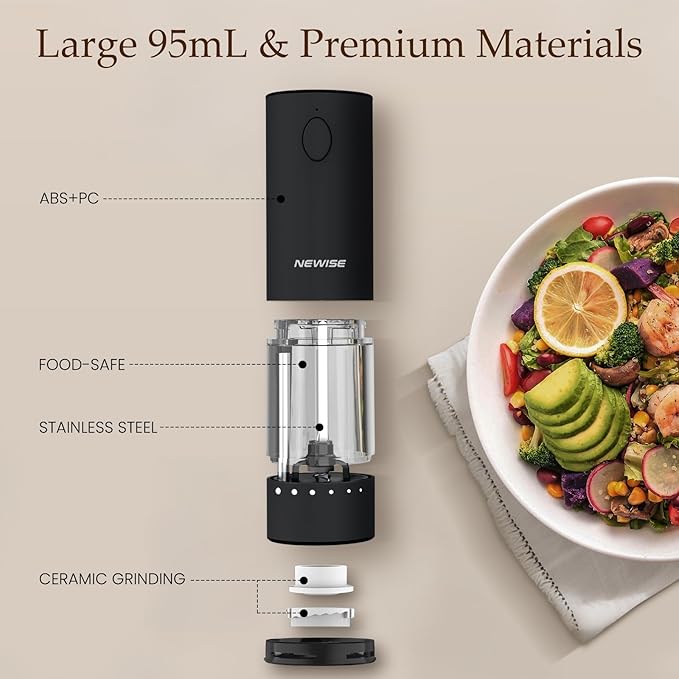 Electric Salt & Pepper Grinder Set, Rechargeable with LED Light & External Coarseness Adjustment, One-Hand Operation, Valentines Day Kitchen Gifts for Him Home Cooks & Families - Black