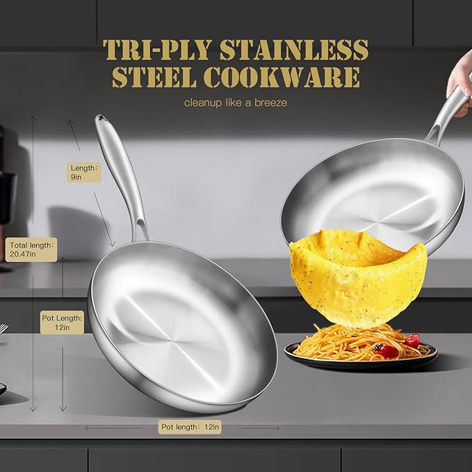 GIUOIDUO 12 Inch Tri-Ply Stainless Steel Frying Pan, Skillet, pan, Induction Cooking Pan, Dishwasher and Oven Safe, Fast & Even Heat, Heavy Duty and Detachable Handle，Fried steak&fried eggs