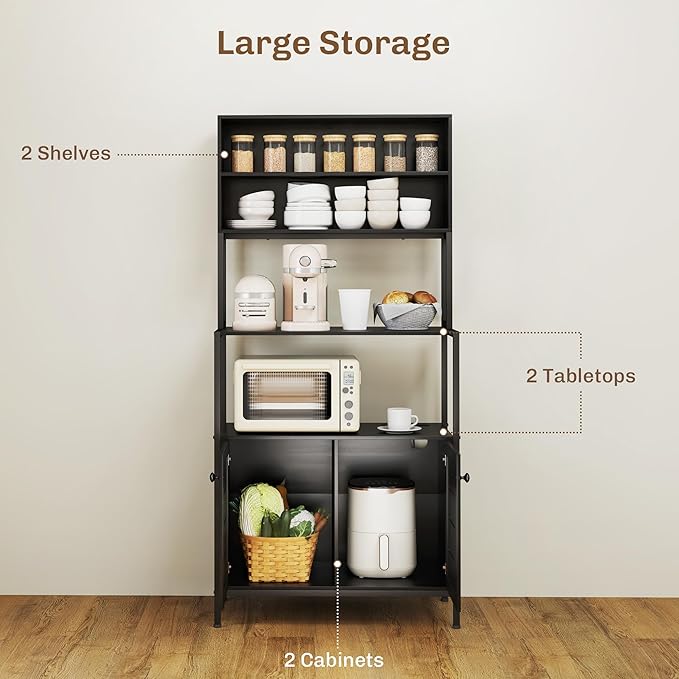 HOMCOM Kitchen Bakers Rack with Power Outlet, Coffee Bar Cabinet with Storage Shelves, Microwave Stand with Louvred Door Cabinets, Black