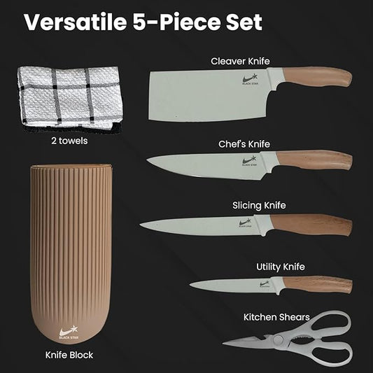 Knife Set, Black Star Brown Kitchen Knife Set, Knives Set for Kitchen, Universal Knife Block, New Home Essentials, Utility Knife Block Set, Dishwasher Safe, Apartment Essentials