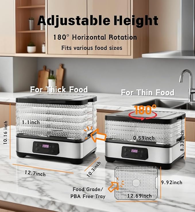Food Dehydrator, Large 5 Trays Meat Dehydrator for Jerky, 300W Herb Dryer 24H Timer & Temp Control for Fruit Snacks Yogurt Dog Treats ETL Approved (Black 5 Trays)