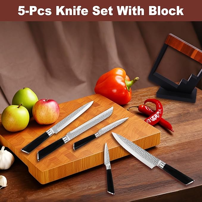 5-Piece Kitchen Knife Set with Block - Stainless Steel Sharp Blade, Wooden Handle Knifes Holder, Bread/Fruit/Meat/Chef Knives, Gifts for Women Men (Hammered Texture)-5