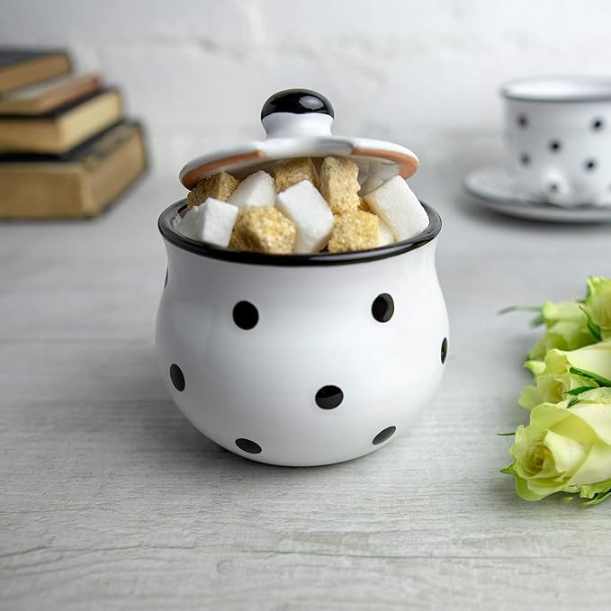 City to Cottage Ceramic Sugar Bowl with Lid, 10oz Sugar Contanier for Coffee Bar, Sugar Dispenser Bowl, Salt - Condiment Pot for Kitchen Counter, Handcrafted White and Black Polka Dot Sugar Jar
