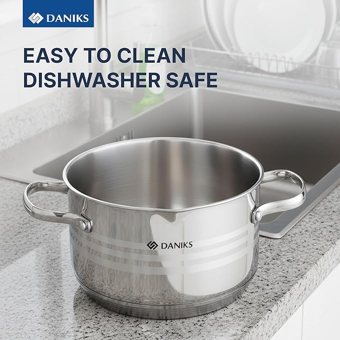 Daniks Tokio Stainless Steel Stock Pot 3 Quart, with Glass Strainer Lid, Induction Ready, Dishwasher Safe, Measuring Scale, Silver