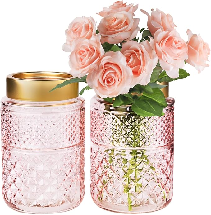 2-Pack Flower Vase Glass, 7.6 '' Pink Fluted Vase with Golden Metal Top, Valentine's Day Stylish Decorative Vases for Tabletop Centerpiece, Kitchen, Living Room, Bedroom, Bathroom