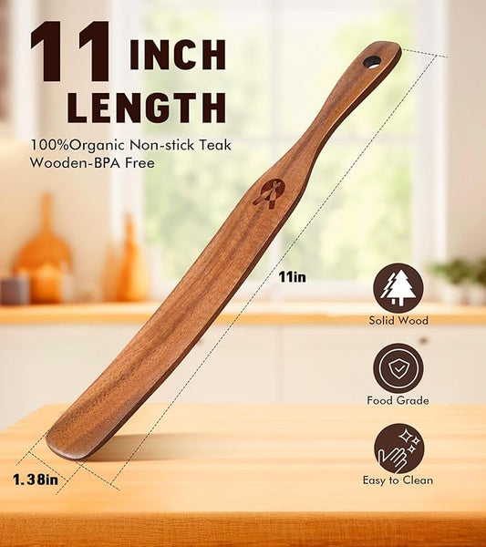 Skinny Spurtle for Sourdough Starter, Mixing, Reaching Bottom of Jar, Dough Whisk, Natural from High Moist Resistance Teak, Spurtles Kitchen Tools Wooden Kitchen Utensils for NonStick Cookware