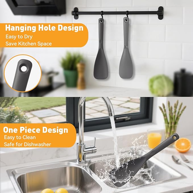 Multifunction Cooking Spoons for Nonstick Cookware, Seamless Design Silicone Spatula Spoon for Mixing, Scoop and Scrape, Dishwasher Safe, 2 Pack, Gray