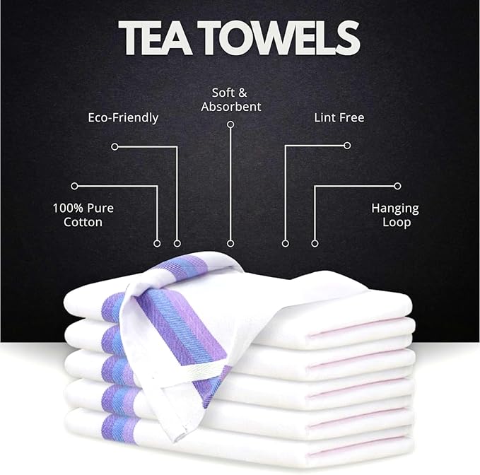 Premium Kitchen Towel (28”x20”, 6 Pack) 100% Cotton Dish Towels Cloths Large Hand Towels Tea Towels for Kitchen with Hanging Loop, Reusable Cleaning Cloths, Fast Dry Lint Free Linen | Blue Shades