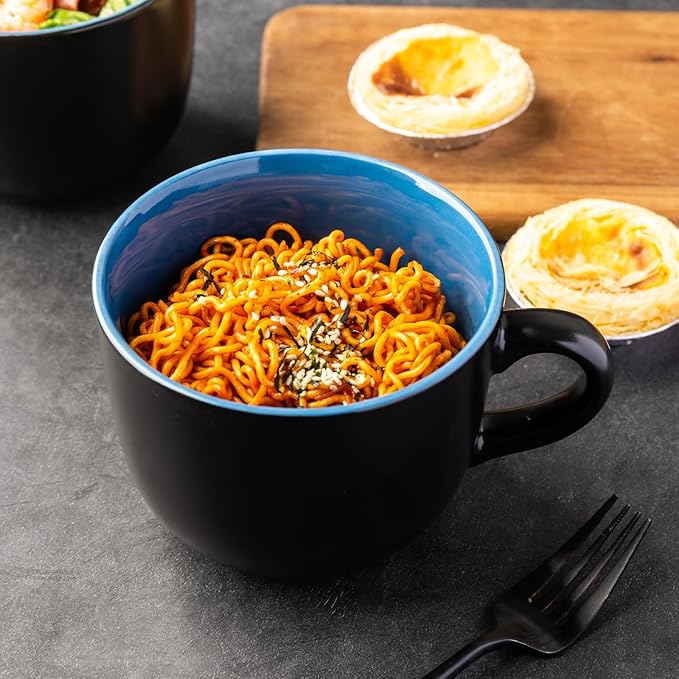 GBhome Jumbo Soup Mugs with Handles, 24 Oz Large Coffee Mugs Set of 4, Ceramic Soup bowls for Coffee,Cereal,Snacks,Salad,Noodles etc Soup Cups,Microwave&Dishwasher safe-Blue Inside
