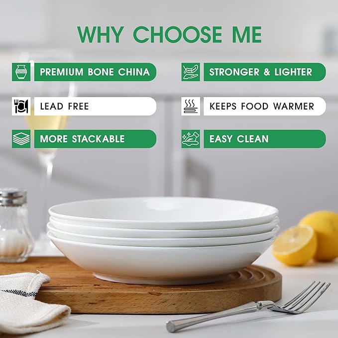 Bone China Pasta Bowls Set of 4, 25.7oz Salad Bowl White Soup Bowls, 8 inch Pasta Bowls Lightweight Wide Shallow Kitchen Plates for Serving Dinner - Microwave Dishwasher Safe, Kitchen Gifts
