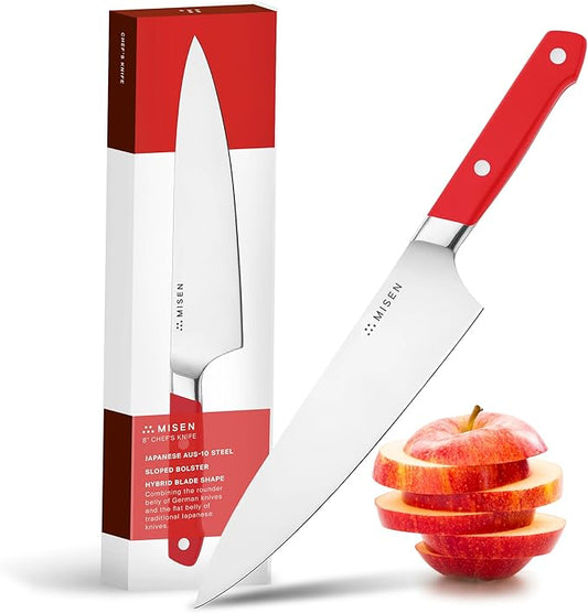 Misen 8" Chef Knife – High Carbon Japanese AUS-10 Stainless Steel – Hybrid German & Japanese Blade – Precision Kitchen Knife for Professionals & Home Cooks – Ultimate Cutting Performance - Red